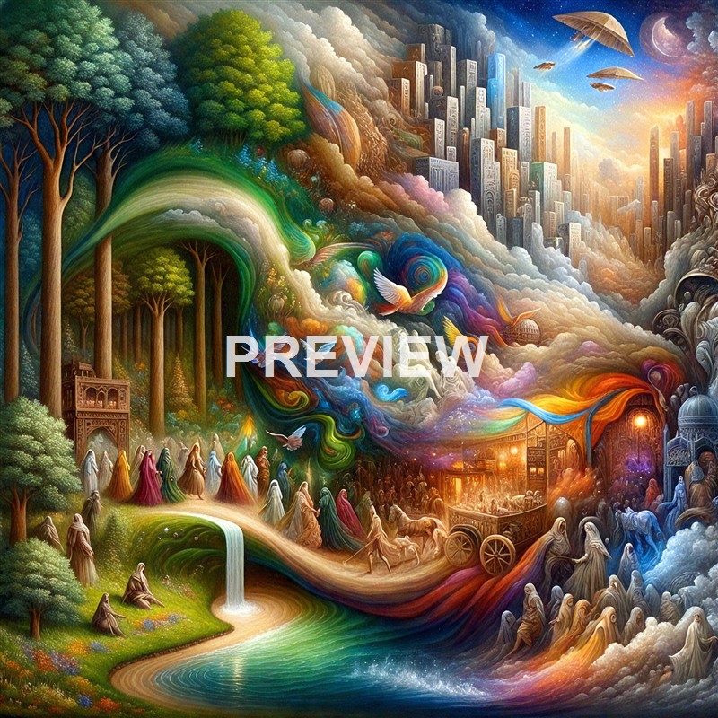 The image depicts a vibrant, surreal landscape blending lush green forests, flowing waterfalls, and a fantastical city with tall, ornate buildings, all intertwined with colorful clouds, flying ships, and numerous birds, creating an otherworldly scene that merges natural and fantastical elements.